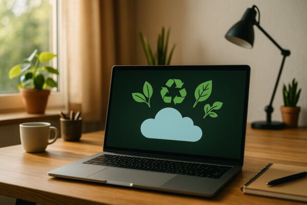 Digitale Nachhaltigkeit im Alltag – umweltbewusste Cloud-Nutzung Digitale Nachhaltigkeit im Alltag mit umweltfreundlicher Cloud-Nutzung am Laptop