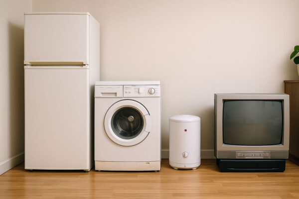 Alte Haushaltsgeräte wie Kühlschrank, Trockner und Fernseher nebeneinander