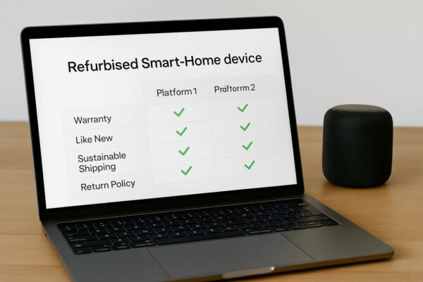 Refurbished Smart-Home-Geräte kaufen – die besten Plattformen im Überblick Refurbished Smart-Home-Geräte kaufen: Vergleich von Plattformen mit Garantie, Rückgabe und Nachhaltigkeit auf dem Laptopbildschirm