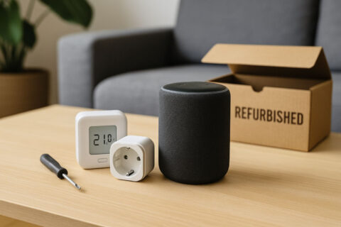 Refurbished Smart-Home-Geräte kaufen: geprüfte Technik auf dem Wohnzimmertisch mit Verpackung und Werkzeug