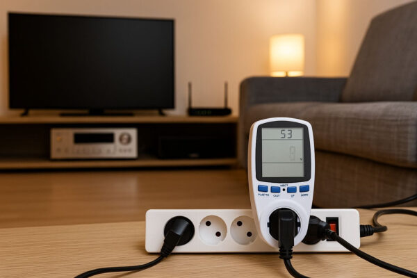 Stromfresser finden im Haushalt mit Strommessgerät Stromfresser finden: Strommessgerät zeigt Verbrauch von Haushaltsgeräten wie Fernseher und Router im Wohnzimmer.