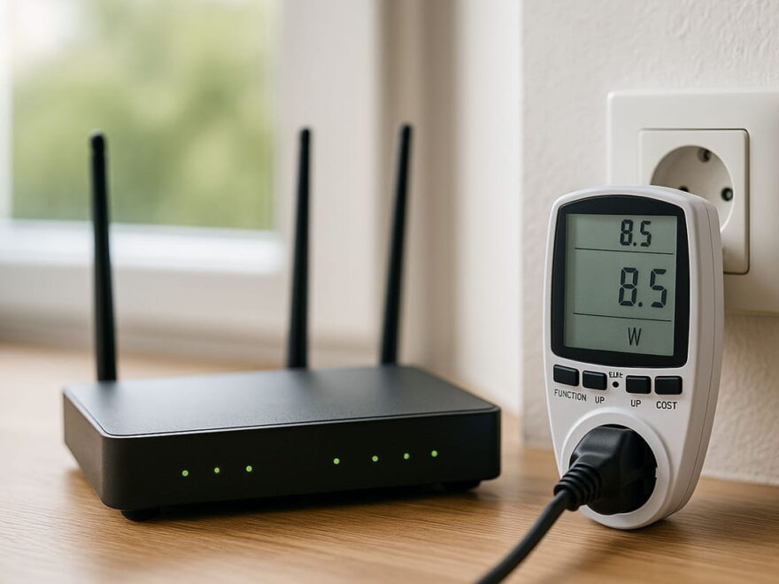 Stromverbrauch vom WLAN-Router mit Messgerät am Stromanschluss