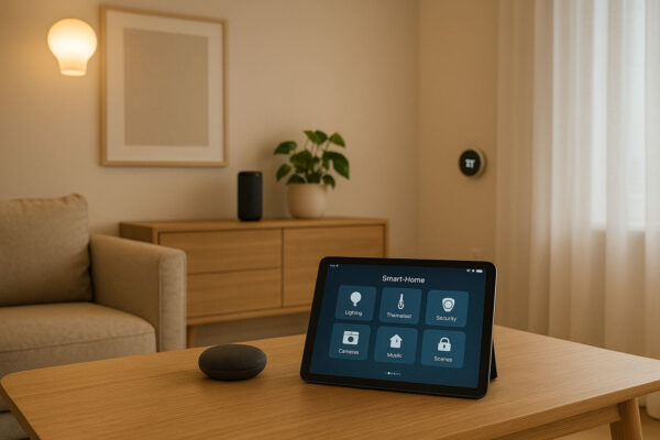 Smart-Home-Automatisierung im modernen Zuhause Smart-Home-Automatisierung im modernen Wohnzimmer mit vernetzten Geräten