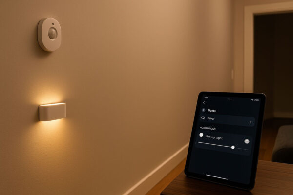 Sensoren und Timer im smartes Licht Setup optimal nutzen Smartes Licht Setup mit Bewegungsmelder und Timer-Automatisierung in einem modernen Flur