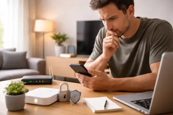 Datenschutz und typische Fehlerquellen bei Anwesenheitserkennung Nutzer prüft Smartphone im Smart Home mit Fokus auf Datenschutz und Zuverlässigkeit