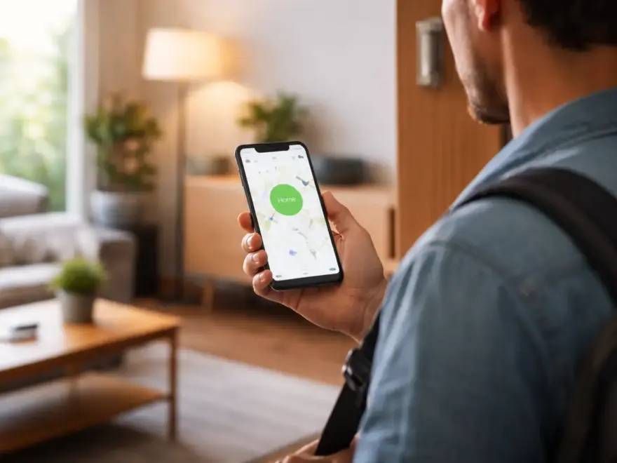 Smartphone erkennt Anwesenheit im Smart Home beim Verlassen der Wohnung