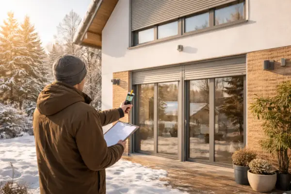 Überprüfung von Fensterfläche und Ausrichtung eines Hauses im Winter