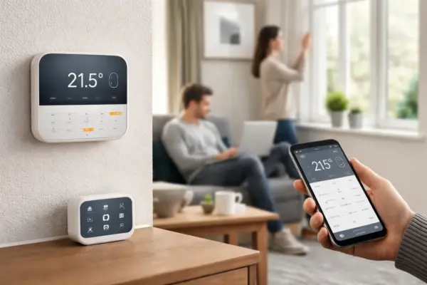 Smarte Heizsteuerung mit Thermostat, Sensoren und Automatisierung im Wohnraum