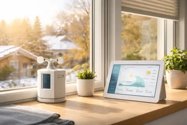 Sensor und Tablet am Fenster zur Steuerung von Rollläden nach Sonnenstand