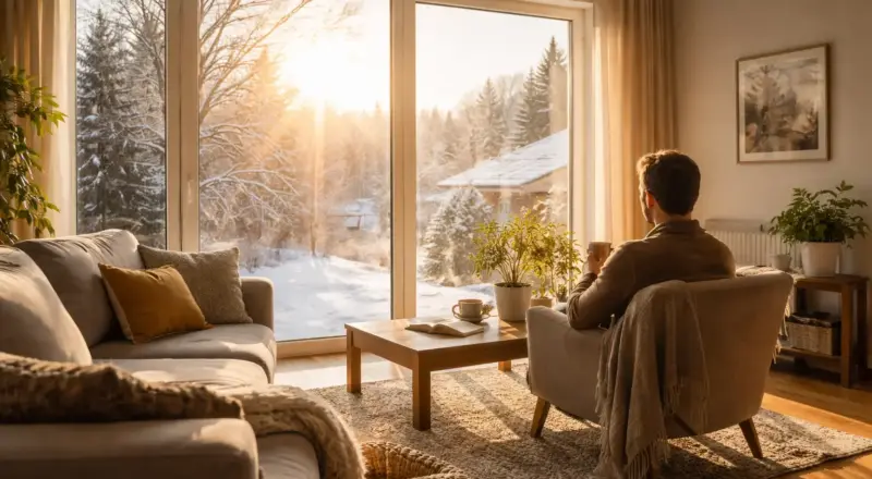 Tief stehende Wintersonne scheint durch große Fenster in einen Wohnraum
