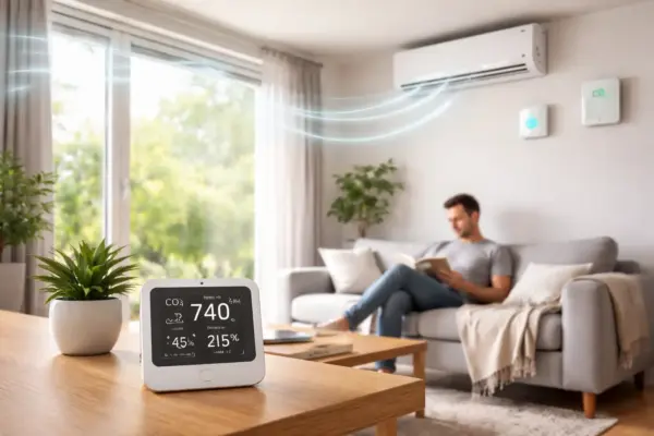 Automatische Lüftungssteuerung sorgt für gutes Raumklima im Wohnbereich Automatische Lüftungssteuerung im Wohnraum mit CO₂- und Luftfeuchtigkeitssensor