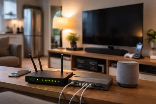 Typische Stromfresser im Haushalt wie Router, Smart Speaker und Unterhaltungselektronik im Standby-Betrieb