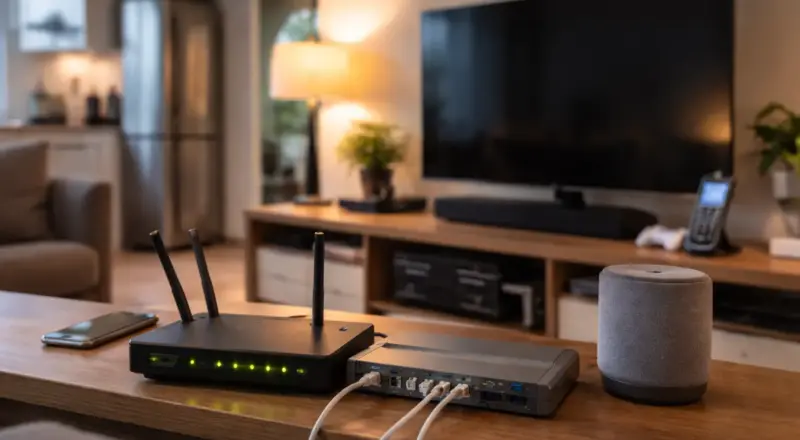 Typische Stromfresser im Haushalt wie Router, Smart Speaker und Unterhaltungselektronik im Standby-Betrieb