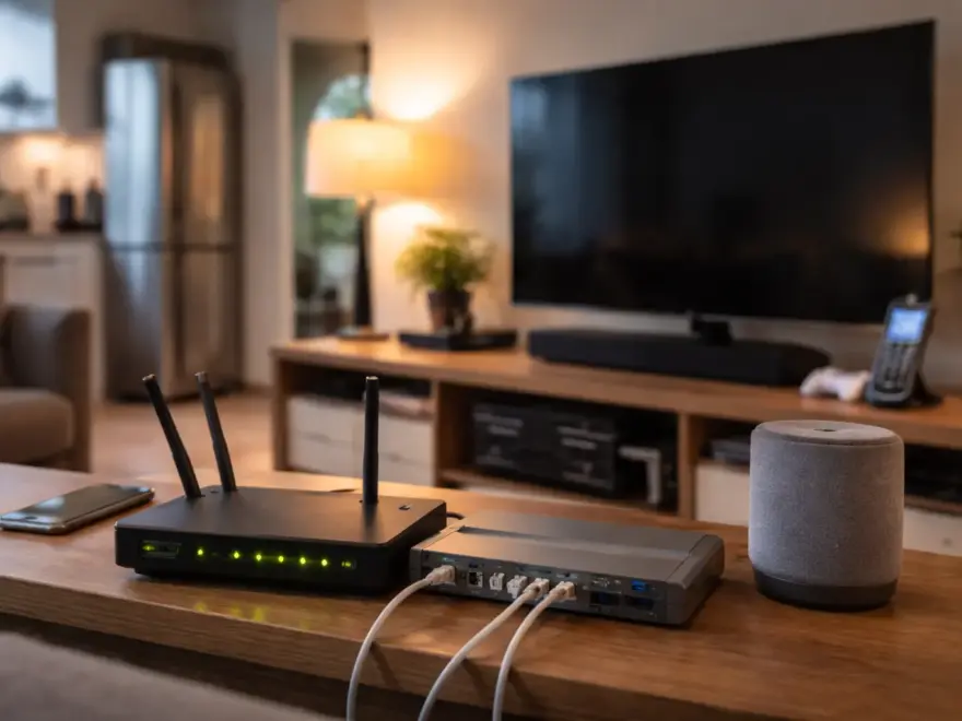 Typische Stromfresser im Haushalt wie Router, Smart Speaker und Unterhaltungselektronik im Standby-Betrieb