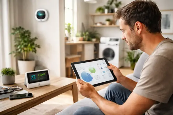 Smart Home Energiemanagement im Alltag: Nutzer überwacht Stromverbrauch per Tablet