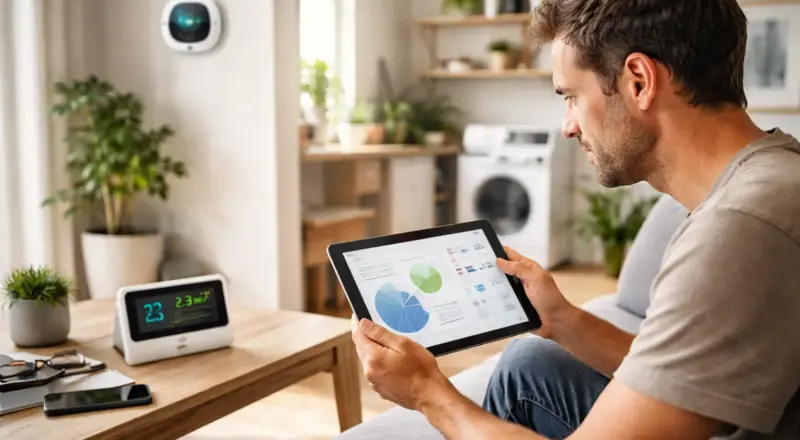Smart Home Energiemanagement im Alltag: Nutzer überwacht Stromverbrauch per Tablet