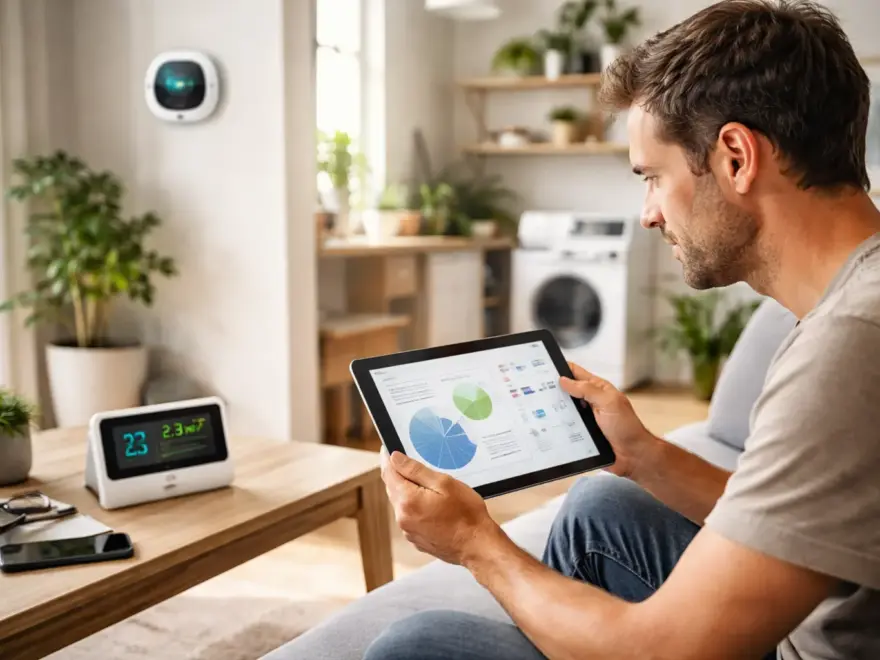 Smart Home Energiemanagement im Alltag: Nutzer überwacht Stromverbrauch per Tablet