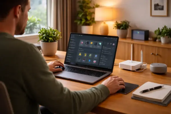 Zentrale Smart-Home-Steuerung verwaltet lokale Automationen am Schreibtisch