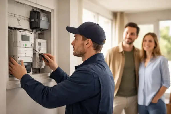 Techniker baut einen Smart Meter im Rahmen des bundesweiten Rollouts 2026 in einem Haushalt ein