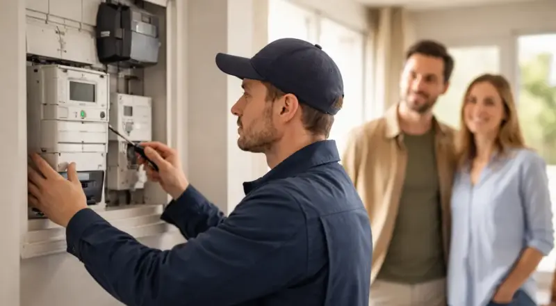 Techniker baut einen Smart Meter im Rahmen des bundesweiten Rollouts 2026 in einem Haushalt ein