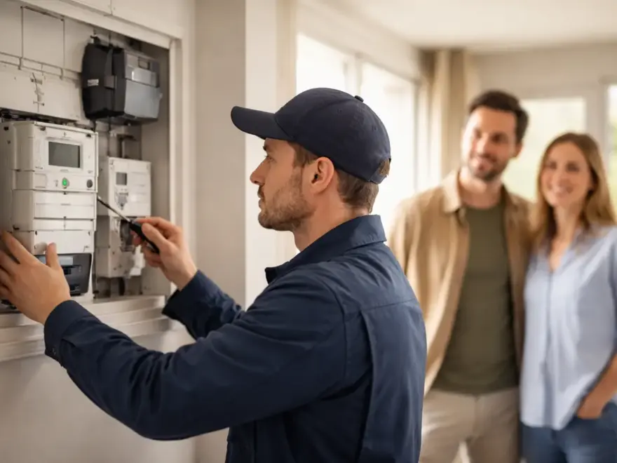 Techniker baut einen Smart Meter im Rahmen des bundesweiten Rollouts 2026 in einem Haushalt ein