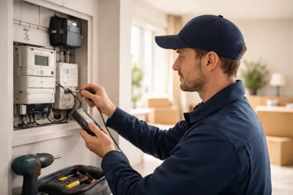 Techniker überprüft die Installation eines Smart Meters beim Austausch des Stromzählers im Haushalt