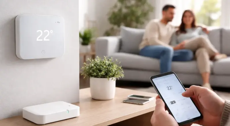 Smarte Heizungssteuerung im Wohnzimmer mit Thermostat und App-Steuerung