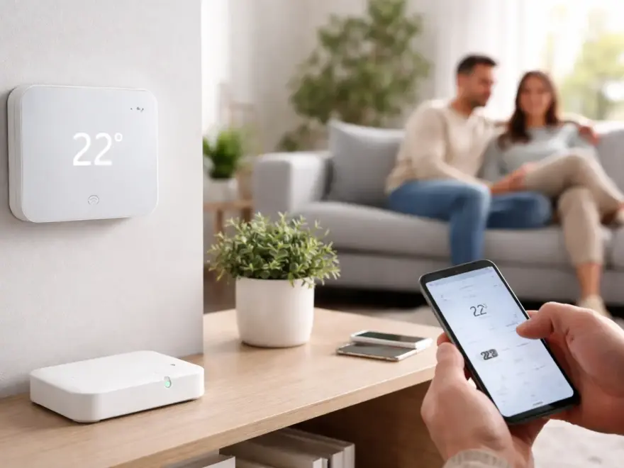 Smarte Heizungssteuerung im Wohnzimmer mit Thermostat und App-Steuerung