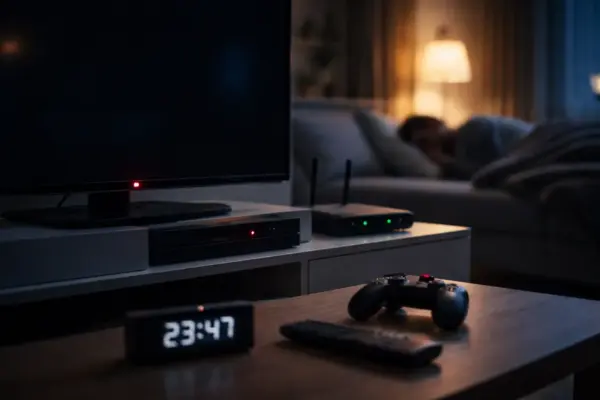 Fernseher und Unterhaltungselektronik im Standby-Modus nachts im Wohnzimmer