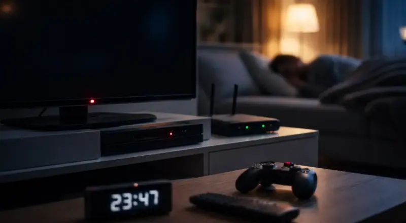 Fernseher und Unterhaltungselektronik im Standby-Modus nachts im Wohnzimmer
