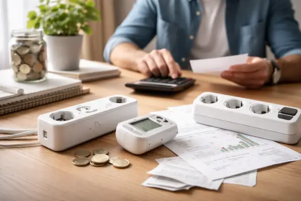 Smarte Steckdosen, Strommessgerät und Stromrechnung zur Berechnung von Standby-Kosten