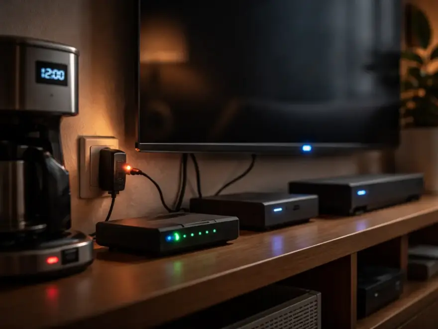 Elektronische Geräte im Standby-Modus mit leuchtenden LEDs verbrauchen dauerhaft Strom