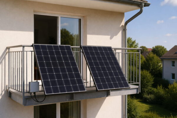 Balkonkraftwerk – Solarmodule und Wechselrichter am Balkon Balkonkraftwerk mit zwei Solarmodulen und Wechselrichter am Balkon installiert