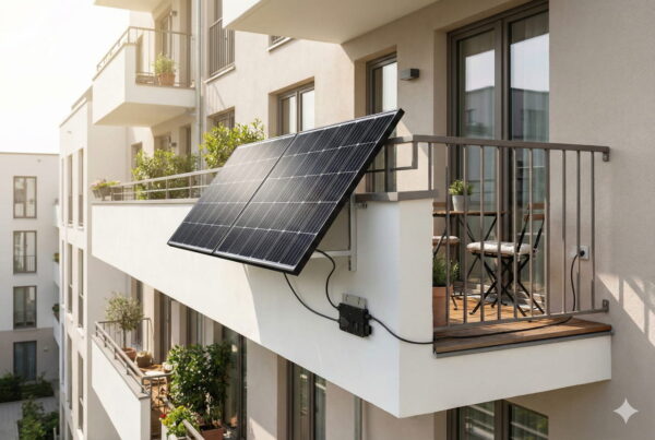 Modernes Balkonkraftwerk mit zwei Solarmodulen und Wechselrichter an einem Balkongitter montiert.