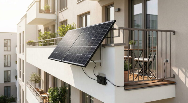 Modernes Balkonkraftwerk mit zwei Solarmodulen und Wechselrichter an einem Balkongitter montiert.