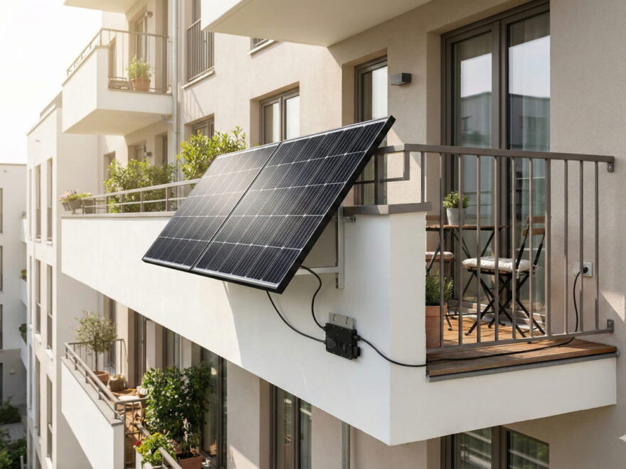 Modernes Balkonkraftwerk mit zwei Solarmodulen und Wechselrichter an einem Balkongitter montiert.