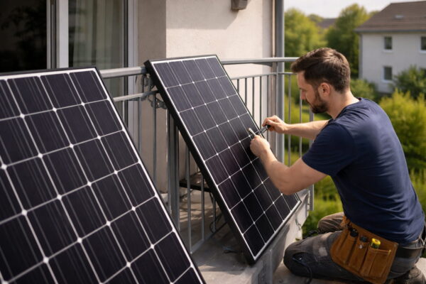 Montage eines Balkonkraftwerks am Balkon mit stabiler Befestigung Balkonkraftwerk wird am Balkon fachgerecht montiert und befestigt