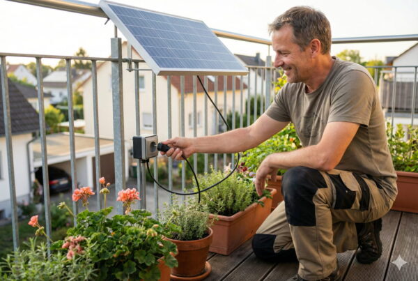 Ein Mann kniet auf einem Balkon und steckt den Stecker eines Balkonkraftwerks in eine Außensteckdose.