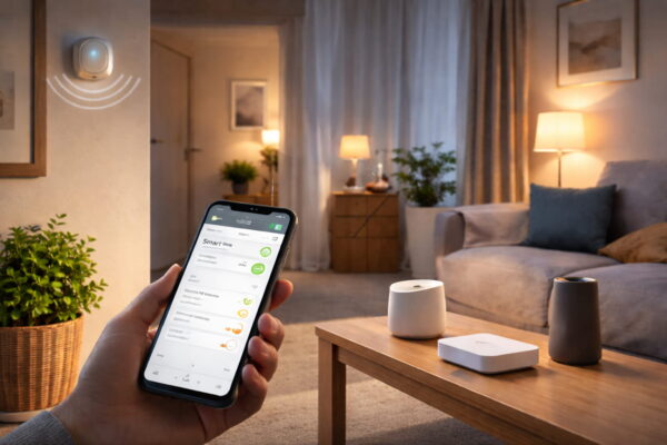 Smarte Lichtsysteme mit App-Steuerung und automatischer Beleuchtung im Wohnzimmer