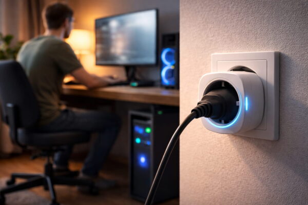 Smarte Steckdose: Schaltgenauigkeit schützt deine Hardware Smarte Steckdose mit angeschlossenem Netzstecker zum Schutz empfindlicher Hardware