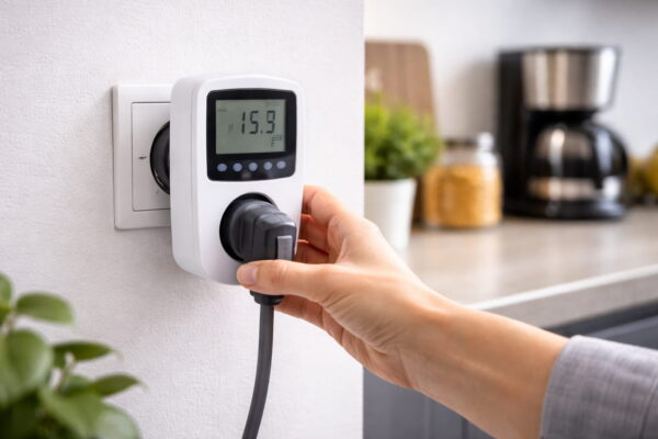 Strommessgeräte messen den Stromverbrauch direkt an der Steckdose Strommessgeräte für die Steckdose im Einsatz beim Messen des Stromverbrauchs eines Haushaltsgeräts