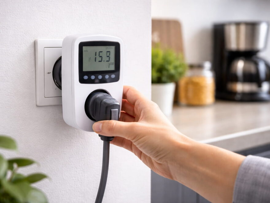 Strommessgeräte für die Steckdose im Einsatz beim Messen des Stromverbrauchs eines Haushaltsgeräts