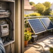 Balkonkraftwerk auf einem Balkon und Sicherungskasten im Haus als Symbol für die Leistungsgrenze bei Steckersolaranlagen