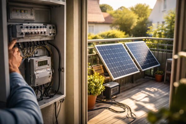 Balkonkraftwerk auf einem Balkon und Sicherungskasten im Haus als Symbol für die Leistungsgrenze bei Steckersolaranlagen