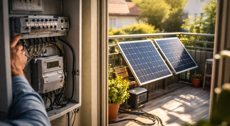 Balkonkraftwerk auf einem Balkon und Sicherungskasten im Haus als Symbol für die Leistungsgrenze bei Steckersolaranlagen