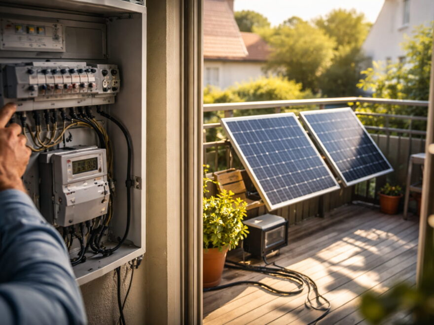 Balkonkraftwerk auf einem Balkon und Sicherungskasten im Haus als Symbol für die Leistungsgrenze bei Steckersolaranlagen