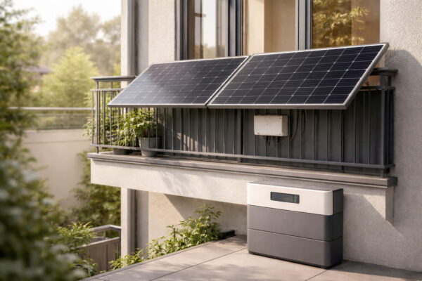 Balkonkraftwerk mit Speicher auf einem Balkon installiert zur Nutzung von Solarstrom im Haushalt