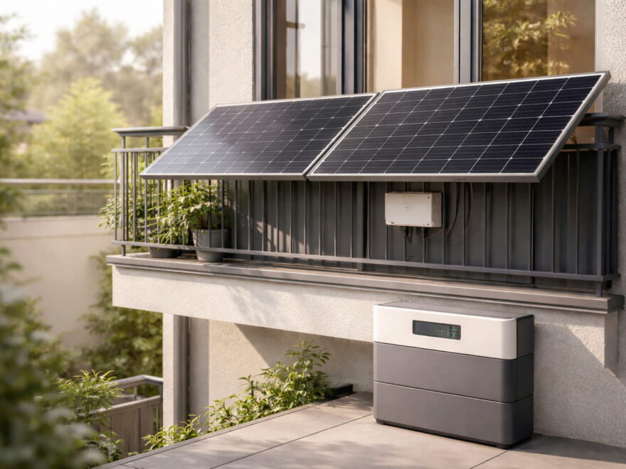 Balkonkraftwerk mit Speicher auf einem Balkon installiert zur Nutzung von Solarstrom im Haushalt