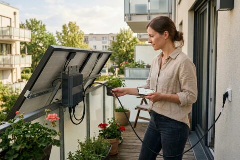 Ein an einem Balkonkraftwerk montierter Wechselrichter verbindet Solarmodule mit der Haussteckdose.
