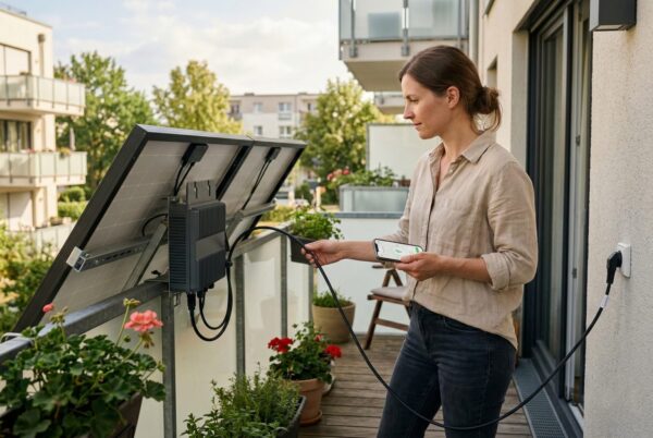 Ein an einem Balkonkraftwerk montierter Wechselrichter verbindet Solarmodule mit der Haussteckdose.